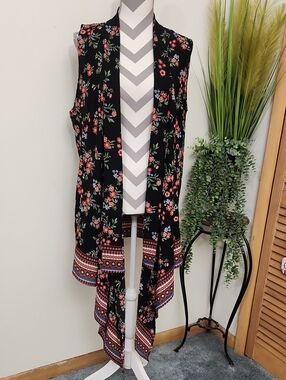 L & B Black Floral Border Duster Vest